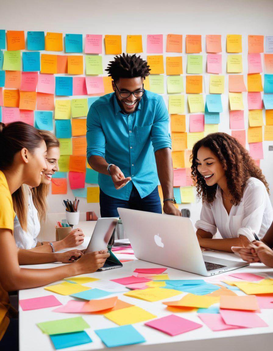 A vibrant scene depicting a diverse group of people joyfully collaborating on a project around a large table filled with colorful sticky notes and laptops. Their expressions showcase enthusiasm and creativity, surrounded by inspirational posters on the walls. Include elements of community, such as a globe or teamwork symbols. Bright, harmonious colors to convey a sense of happiness and collaboration. super-realistic. vibrant colors. white background.