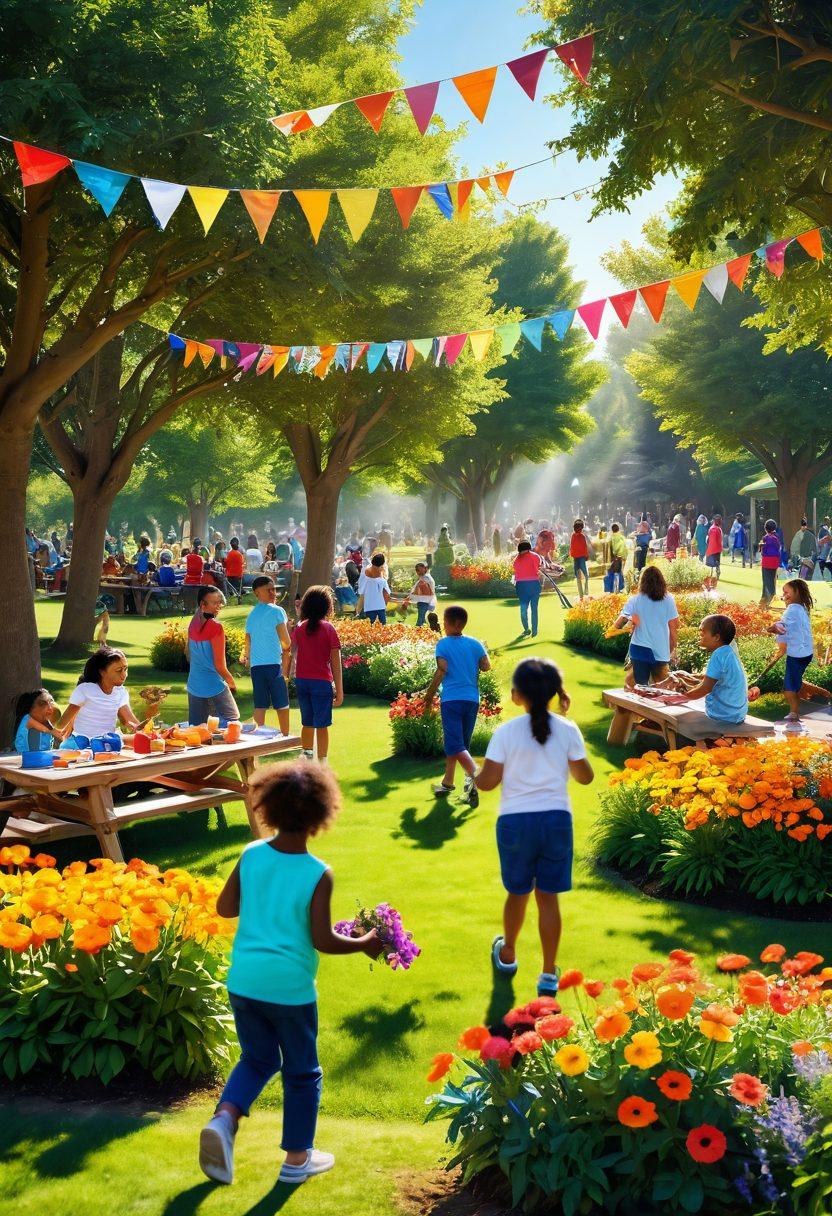 A vibrant community park scene filled with diverse groups of people engaged in joyful activities like gardening, sharing meals, and playing games. Bright flowers and colorful banners create a festive atmosphere, highlighting collaboration and happiness. Sunlight filters through lush trees, casting playful shadows on the happy faces of children and adults. super-realistic. vibrant colors. dynamic composition.