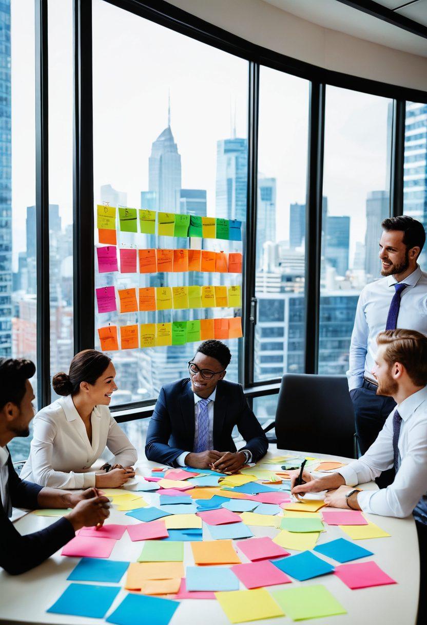 A diverse group of professionals sitting around a large table, engaged in a dynamic planning session with colorful sticky notes and charts spread out before them. The environment is bright and inviting, with a large window showing a cityscape, symbolizing progress and teamwork. Smiles and nods convey satisfaction and collaboration. super-realistic. vibrant colors. clean background.